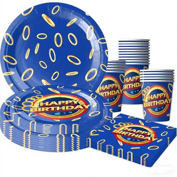 Conjunto de 10 peças de artigos de festa de aniversário descartáveis com estampa de anéis azuis e dourados, tema videogame.
