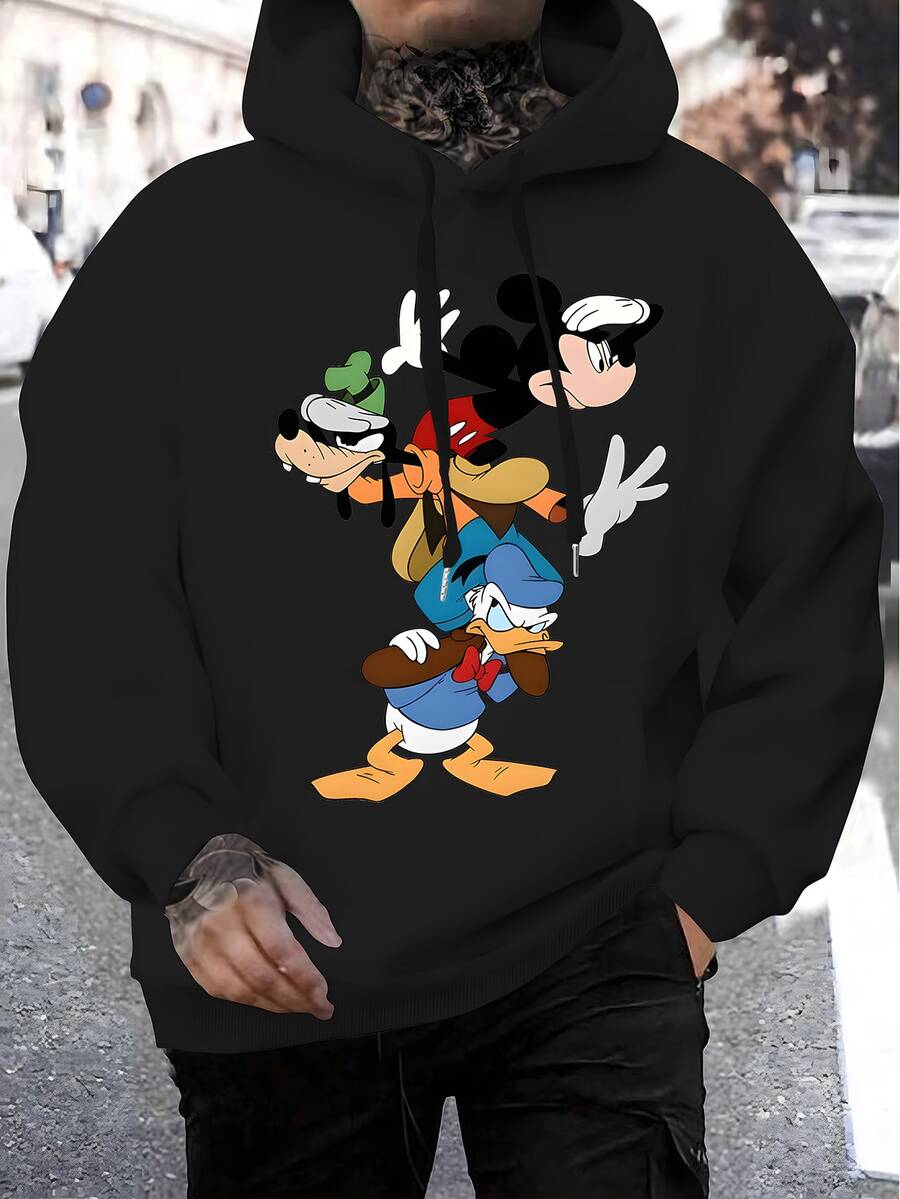 Disney Mickey Mouse, Donald Duck, And Goofy Humorous Design Men's Sweatshirt. Regular Fit, Machine Washable, Suitable For Casual Wear In Autumn And Winter. Cartoon Character Design, Comfortable Fabric, Detailed Description, Easy To Care For. Suitable As A Gift, Birthday Present, Or Other Gift. - màu đen - Xem 1
