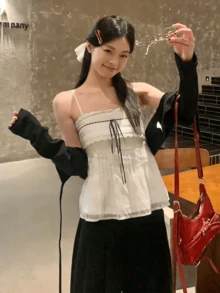 極簡性感風蕾絲細肩帶白色女款背心上衣，可拆卸肩帶，內搭或外穿，性感辣妹休閒夏季上衣 - 白色 - 查看 6