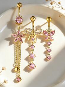 3pcs Women Heart, Bow, Flower, Butterfly Teardrop Navel Piercing Jewelry Set, Suitable For Beach, Holiday, Party, Occasions - 3 Pieces - View 2