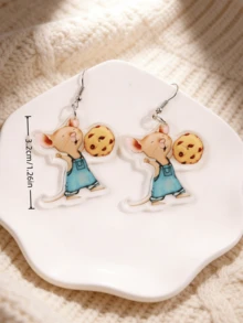 1 Pair Creative Cute Mouse Holding Cookie Acrylic Dangle Earrings, Fashionable School Series, Suitable For Teachers And Students, Daily Wear Gift Jewelry - The Mouse Takes the Cookie - View 5