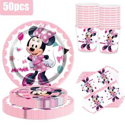 Disney 50-Piece Set / Mickey Mouse Cartoon Character Party Tableware Set, Including 10 Plates And Cups, Suitable For 10 Children, Perfect For Birthday Parties, Halloween, And Family Gatherings. Very Suitable As Birthday Decorations And Festive Table Arrangements, Bringing Joy To Your Little Princesses.