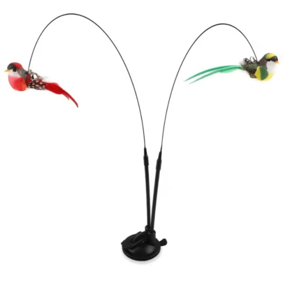 Interactive Cat Teaser Wand With Long Dual Rods And Strong Suction Cup Base - Hands-Free Cat Toy With Artificial Feathers (Red/Green), Polyester Material, Suitable For Hunting Exercise, Kittens And Adult Cats - Indoor And Outdoor Use, No Battery Required - Pet