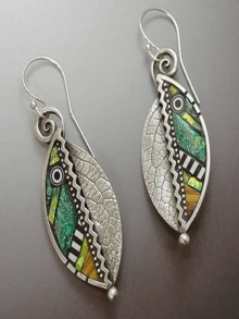 1 Pair Geometric Leaf Shaped Earrings, Fashionable Retro Earrings For Women - Multicolor - View 2
