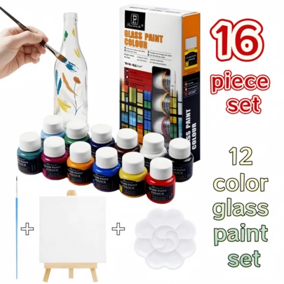 16-Piece Glass Painting Set - Contains 12 Colors Of Large-Capacity Glass Paints (25ml Each Bottle), 1 Drawing Board, 1 Easel, 1 Brush And 1 Palette. The Color Is Full And The Color Mixing Effect Is Good. It Is Suitable For Smooth Surfaces Such As Transparent Glass, Windows, And Porcelain. It Is An Ideal Tool For DIY Handicrafts And Artistic Creations, And Is Suitable For Artists And Handicraft Enthusiasts.