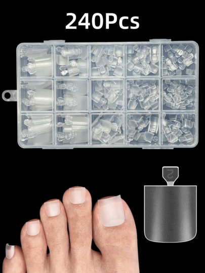 尖头方形脚趾甲贴片，按压式全覆盖，软凝胶假脚趾甲延长套装，预蚀刻透明双层哑光假长脚趾甲，适用于沙龙DIY亚克力美甲，15种尺寸，240片