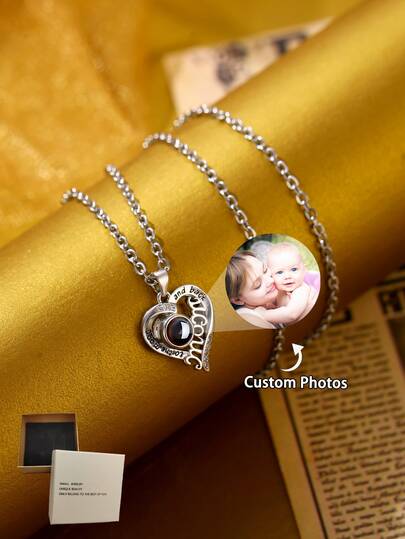 Custom Photo Projection "Mom" Heart Rhinestone Stainless Steel Necklace | Adjustable Gold/Silver/Rose Gold Chain Options | Fashionable, Colorful, Retro, Simple, Neutral, Casual, Cute, Custom, Personalized & Unique Jewelry | Ideal Gift For Mom, Her, Family & Friends | Perfect For Mother's Day, Valentine's Day, Birthday & Anniversary