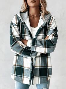 Women's Plaid Hooded Button Coat - Casual Winter Outfit Staple Hooded Plaid Long Sleeve Jacket - Versatile Cold-Weather Wear Plaid Pattern Hooded Coat - Practical Everyday Winter Wardrobe Pick Jackets For Womenwinter Clothes For Womenessentials Hoodiehoodies For Women - màu xanh lá - Xem 1