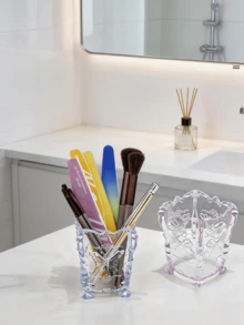 1 pieza Soporte transparente de acrílico para brochas de maquillaje, con decoración de patrón de mariposa, caja de almacenamiento de escritorio para cosméticos y herramientas de uñas - multicolor - Ver 5