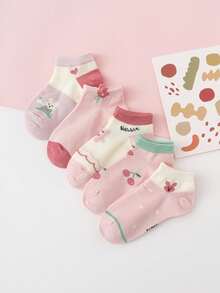 5 双女孩可爱心形、樱桃、熊和花朵图案时尚日常短袜 - 彩色 - 查看 7