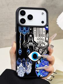 1pc Fashionable Blue Fatima Hand & Evil Eye Mosaic Pattern Litchi Texture Anti-Fall Anti-Slip Soft Phone Case Compatible With Apple, Phones - Multicolor - View 5