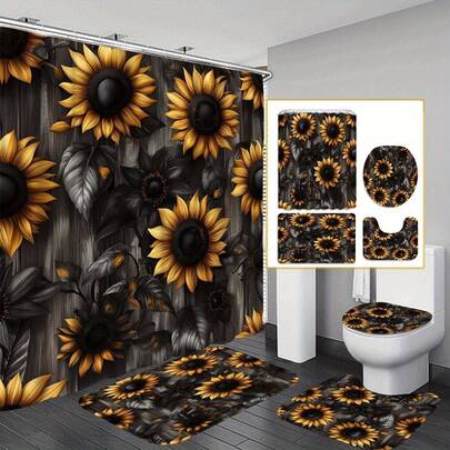 1 件浴帘或 4 件套向日葵浴室套装，包含浴帘、防滑地毯、U 型马桶垫和马桶座套 - 黑金花卉图案，可机洗，配有 2 个挂钩 - 适用于家庭和酒店的完整浴室装饰，春季假日装饰（深色背景上的亮黄色向日葵，完整浴室套装）