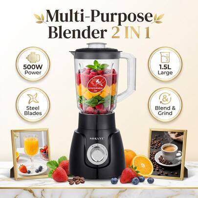  2-In-1 Multifunctional Juicer, Grinder, Blender And Ice Crusher | Equipped With 8 Stainless Steel Blades, 400W Powerful Motor And 3 Speed Settings | Anti-Slip Handle And Pad, Leak-Proof Lid, Pulse And Overheat Protection | Can Juice Fruits & Vegetables, Blend, Crush Ice, Grind Coffee Beans And Spices | Suitable For Home, Kitchen, Restaurant, Beverage Shop And Cafe | Sokany Multifunctional Juicer Is A Practical Kitchen Appliance.