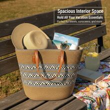 1pc Woven Design Shoulder Bag, Bohemian Crochet Bag, Summer Beach Vacation Tote Bag, Women Casual Large Capacity Portable Beach Bag - Light Khaki - View 3