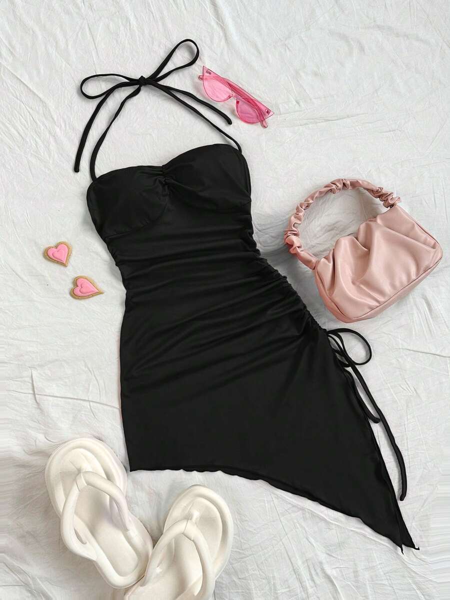Solid Color Pleated Fitted Asymmetric Hem Camisole Dress, Side Drawstring, Suitable For Summer Wear Sleeveless Backless Knit Mini Skirt, Asymmetric Hem Design, Elegant Party Style Black - Black - View 1