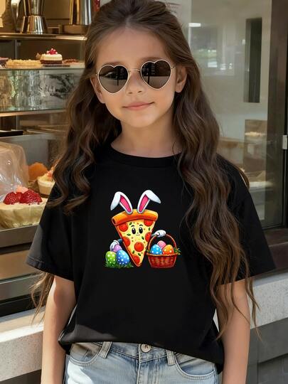 Pizza con Orejas de Conejo Camiseta estampada para niña, diseño divertido de Pascua, algodón suave y transpirable, ideal para jugar al aire libre o como regalo original y cómodo. ¡Exprésate con estilo!