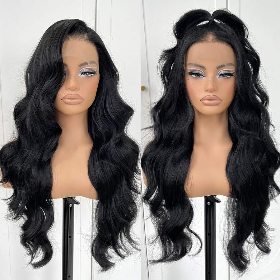 13x4 Glueless Lace Front Wig Pre Plucked Synthetic Long Body Wave HD Lace Front Wig Black Wavy Wig With Natural Hair Line - Multicolor - View 1