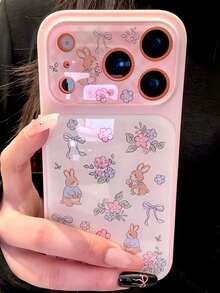 Funda de teléfono suave con patrón de conejo y flores de dibujos animados compatible con iPhone 17 Pro Max, 17 Pro, 17, 16 Pro Max, 16 Pro, 16, 15 Pro Max, 15 Pro, 15, 14 Pro Max, 14 Pro, 14 - Conejo floral rosa - Ver 3