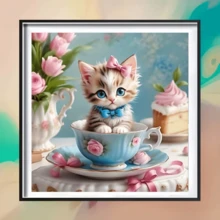 1件装全新钻石画套装，猫咪饮水主题，5D圆形水晶钻石马赛克DIY工艺品，适合作为手工礼品，装饰客厅、卧室，也可用于宰牲节、父亲节、母亲节、婚礼季、五一劳动节、复活节、圣诞节、情人节等场合，无框。 - 查看 10