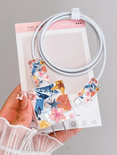 4件套夏季海洋元素手机充电器保护套，数据线整理套装 - 20W/18W充电器适配器，适配器头保护套，兼容 11/12/13/14/15/16/13 Pro Max/16 Pro Max/17 Pro Max