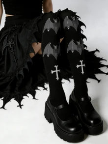 1双女士春夏深色蝙蝠交叉过膝袜，哥特朋克风格，适合万圣节、角色扮演，高弹显瘦大腿袜 - 彩色 - 查看 3