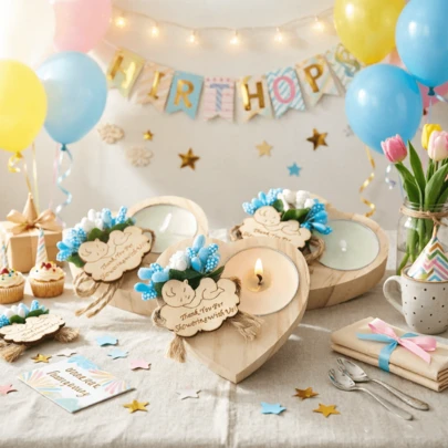 2pcs/6pcs Wooden Candle Holders, Suitable For Baby Boy Shower Party, Christening Candle Gifts, Baptism Guest Favors