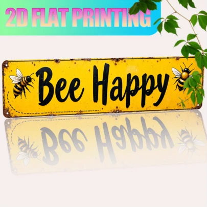 2D Flat Vintage "Bee Happy" Metal Wall Decor - Durable Iron Farmhouse Decoration, 40cm X 10cm, Suitable For Home, Cafe, Bathroom, Garage - Easy Installation, Unique Gift Idea, European Style, Home Decor, 2D Flat