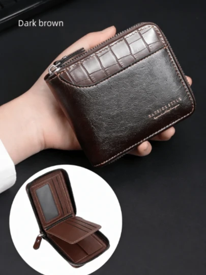New Men's Casual Retro Zipper Short Wallet, Multi-Functional Multi-Card Slot Patchwork Card Holder Coin Purse