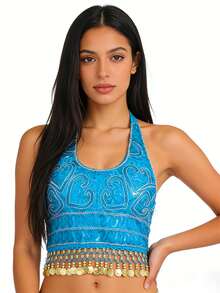 Halter Neck Sequin Embroidered Metal Disc Tassel Fringe Crop Top Belly Dance Performance Costume Party Festival Wear (Multiple Colors Available) - 彩色 - 查看 10