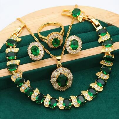 Juego de joyería de boda vintage personalizado para mujer - 5 piezas: pulsera, aretes, anillo, collar, colgante, adecuado para uso diario, vacaciones, regalo