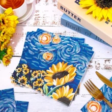 20 Pieces Of Sunflower Party Napkins, Featuring An Oil Painting Style. The Pattern Depicts Various Sunflowers Under The Summer Night Sky, Which Is Abstract And Exquisite. They Are Suitable For Weddings, Birthdays, Festival Celebrations, Bride Gatherings And Summer Parties. They Are Ideal Tableware. - Multicolor - View 2