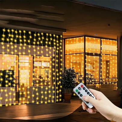 节日花环装饰灯，4种灯光颜色可选，仙女灯串，卧室窗帘灯，适合约会、家庭聚会、花园装饰、生日派对、露营、婚礼和派对，室内/室外均可使用，遥控窗帘灯，节日照明，USB供电，8种灯光模式，适合情人节、圣诞节、万圣节