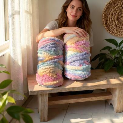 1Rolls=500g/ 17.64oz/ 1.1b/ Extra-Thick Plush Yarn With Stripes, Ombre And Space-Dyed, Color Mixing Gradient, Chunky Bulky Giant Junmbo Yarn For Arm Knitting/ Soft Fluffy, Cozy, Durable Comfortable And Reusable, Handmade Craft Project, Machine Washable/ DIY Blanket, Rug, Pillow, Pet Bed, Scarf, Hat, Floor Mat