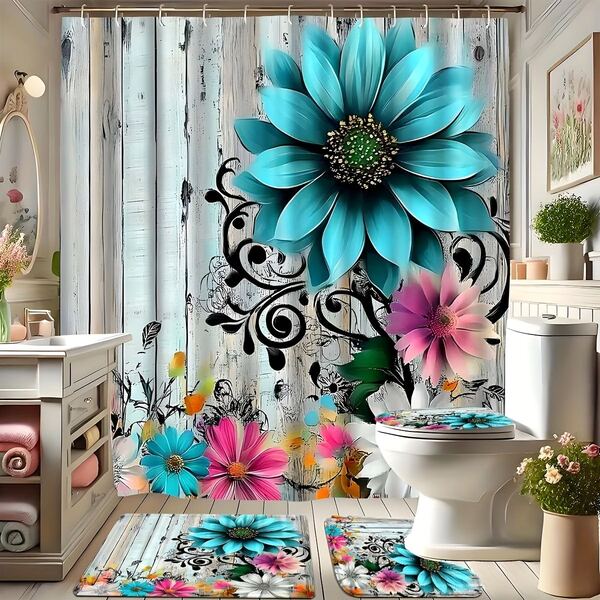 1/4pcs Countryside Cottage & Floral Bathroom Set, Including Non-Slip Bath Mat, U-Shaped Rug, Toilet Lid Cover, Shower Curtain With 12 Durable Hooks, High-Quality Bathroom Decor & Accessories, Suitable For All Occasions, Great Gift For Family, Friends, Couples - Birthday, Christmas, Easter, Housewarming, Wedding