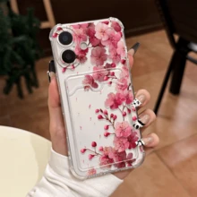 Sakura Card Holder Transparent Phone Case, Compatible With IPhone 11/11Pro/11ProMax, 12/12Pro/12ProMax, 13/13Pro/13ProMax, 14/14Pro/14ProMax, 15/15Pro/15ProMax, 16/16Pro/16ProMax, 17/17Pro/17ProMax. Made Of Transparent Anti-Fall Material, With Air Cushion Corners, Full-Cover Beautiful Sakura Flower And Petal Pattern, Built-In Card Slots, Combining Aesthetics And Practicality. - Clear - View 4