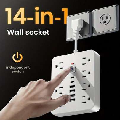 Regleta de Alimentación,Extensor de toma de corriente múltiple con USB, Extensor de enchufe múltiple 14 en 1 con USB, divisor de toma de corriente eléctrica de pared con 3 puertos USB (1 USB C) y 8 tomas y2 puertos de carga type-c de corriente, carga de pared