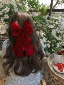 1个超大号女士雪花薄纱蝴蝶结发夹，特大透明薄纱蝴蝶结发夹，带长尾，优雅法式复古新娘婚礼派对日常发饰 - 酒紅色 - 查看 2