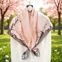 1pc Silk-Like Satin Printed Headscarf, 35 Inch Square Polyester Hair Wrap Fashion Accessory - Pink - View 8