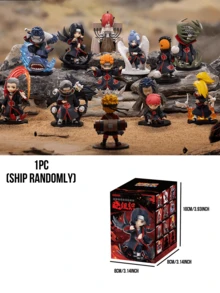 Pop Mart 火影忍者疾风传VS晓组织系列盲盒人偶，包含10款普通版+2款隐藏版，以晓组织战斗为主题，采用红色云雾斗篷、动态姿势、爆炸泥焰、鲨鱼特效、翅膀装饰、植物头饰和面具角色等元素，背景包括沙漠、岩石、草原、夜空和漩涡。 - 彩色 - 查看 11