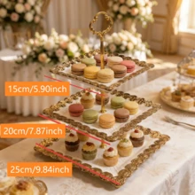 Vintage 3-Tier Square Cupcake Stand With Gold Floral Embossed Trim, Elegant Ceramic Dessert Display Tower For Wedding, Tea Party & Bridal Shower, Luxury Aesthetic Tableware, Perfect Gift For Bakers & Hostess - Multicolor - View 9