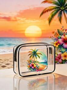 新款夏季沙滩防水PVC洗漱包，旅行收纳包 - PVC透明洗漱包，旅行必备，便携式拉链旅行洗漱包，大容量，链条旅行洗漱包，适合作为女性生日派对回礼、新娘礼物，适合女孩、女士、护士、女朋友，沙滩透明洗漱包，防水收纳包，透明收纳包，沙滩和浴室必备用品整理包，男女皆宜。你好，夏日沙滩 - 彩色 - 查看 3