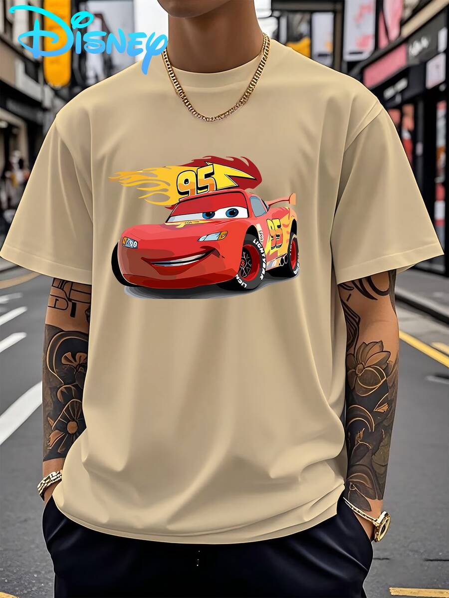 Disney Licensed Men's T-Shirt - Cars McQueen 95 Number Print Short-Sleeve Top, Crew Neck Casual Everyday Style, Machine Washable, Unique Graphic Design, Comfortable Fabric, Summer Wear, Durable And Creative Style, Suitable For Sports And Outdoor Activities, Great Gift, A Must-Have For Fashion Lovers - Apricot - View 1