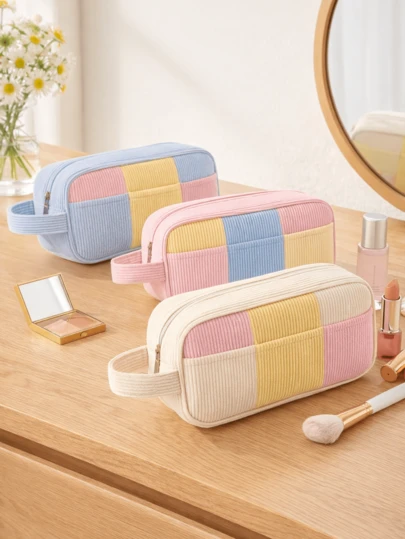 Pastel Patchwork Corduroy Makeup Bag, Large Capacity Travel Cosmetic Pouch With Handle, Soft Corduroy Toiletry Organizer For Daily Storage, Vacation, Bathroom & Purse