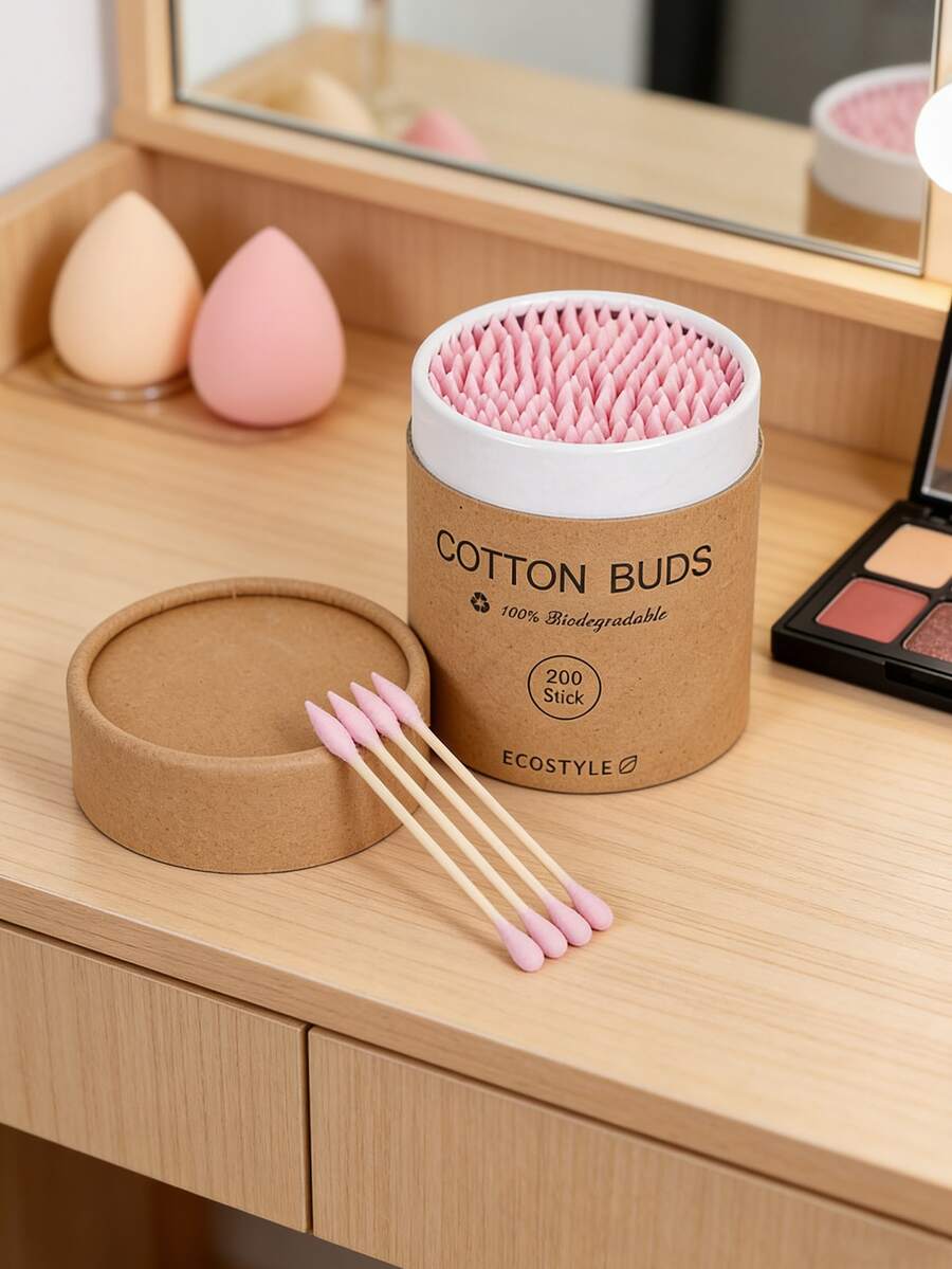 1 Box Of Bamboo Double-Ended Cotton Swabs, 200 Soft And Comfortable Disposable Cotton Swabs, Suitable For Nail Art And Makeup - Multicolor - View 1