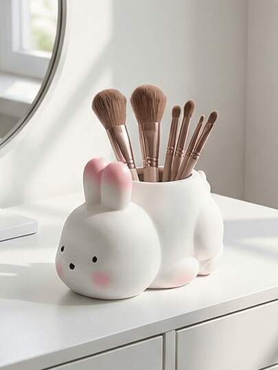 1个卡通兔子树脂花盆 - 可爱桌面收纳盒，适合放置文具和多肉植物 | 美观的房间装饰，送给女性的独特礼物，桌面摆件，可爱收藏品，粉色房间装饰，树脂装饰摆件