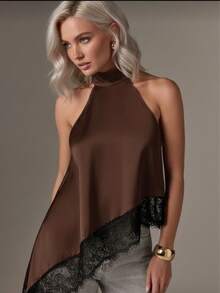 Asymmetrical Blouse With Ruffled Lace Trim And High Neck. - Rust Brown - View 2