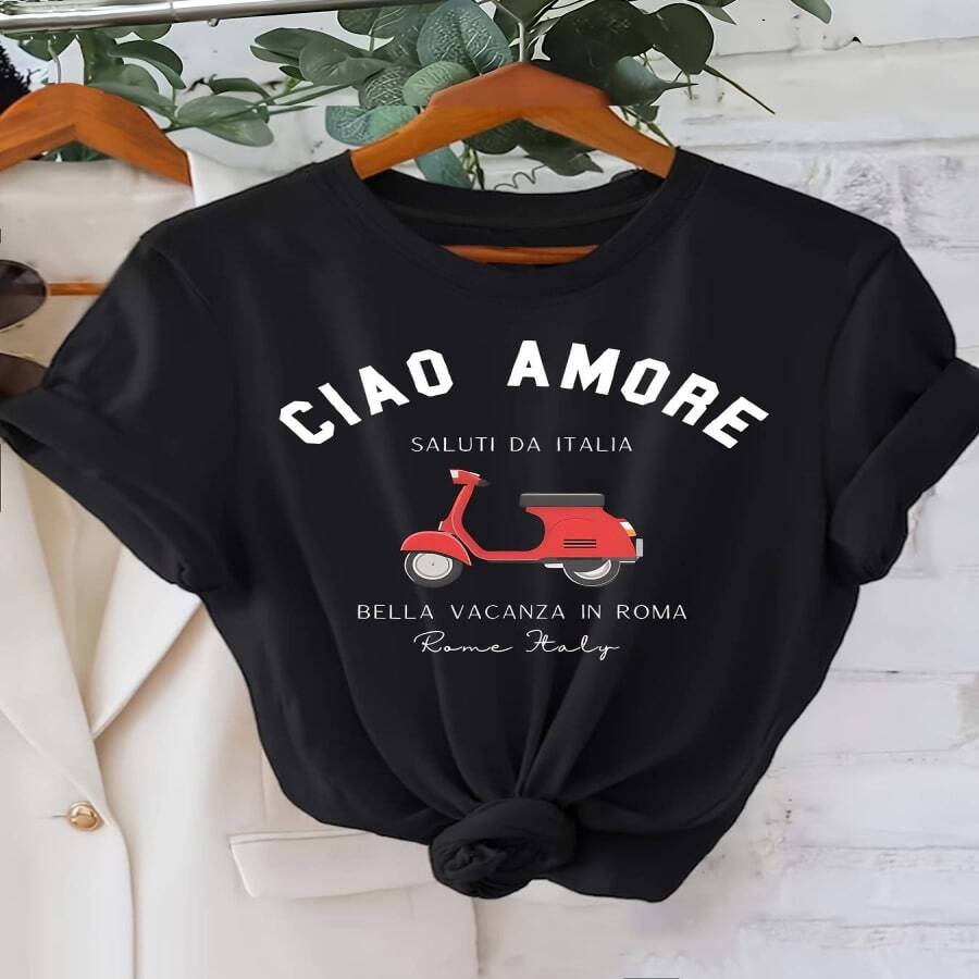 Camiseta de Algodón Casual para Mujer con Estampado Gráfico, Manga Corta, Cuello Redondo, Largo Regular, Tejido de Punto 180g/m², para Primavera y Verano - Multicolor - Ver 1