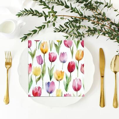 20 Pieces Tulip Party Napkins - With Colorful Tulips Printed On A White Background, They Are Vibrant And Suitable For Use In Spring/Summer Parties, Tea Parties, Birthdays, Weddings, Banquet Parties, And As Table Decorations For Various Occasions.