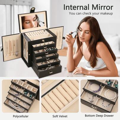 Synthetic Leather Large Jewelry Box, Mirrored Watch Storage Box, Necklace, Ring, Earring, And Bracelet Storage Lockable Gift Box With Mirror And Handle, Multi-Functional Drawer Jewelry Box.
