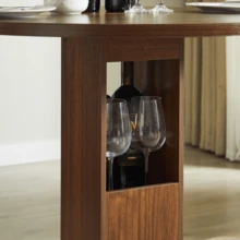 Three-Piece Bar Set Including An 80cm Round Table With Two Stools And A Wooden Dining Table With Circular Metal Footrests. Suitable For Restaurants, Cafes, Bars, Lounges, And Other Venues. Made Of Walnut Wood. - Brown - View 3